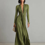 Vestido maxi de seda verde-oliva com decote em V