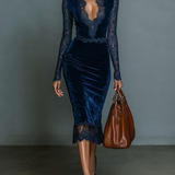 Vestido midi de veludo com decote em V e renda