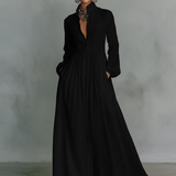 Vestido maxi de linho em patchwork com gola alta