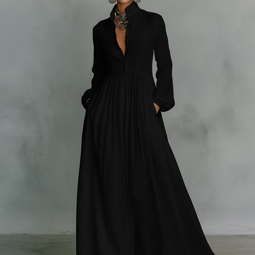 Vestido maxi de linho em patchwork com gola alta