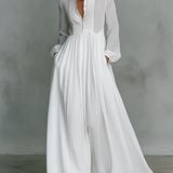 Vestido maxi de linho em patchwork com gola alta