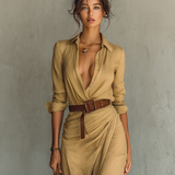 Vestido maxi com gola virada e mangas compridas