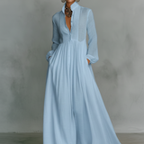 Vestido maxi de linho em patchwork com gola alta
