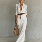 Vestido maxi com gola virada e mangas compridas