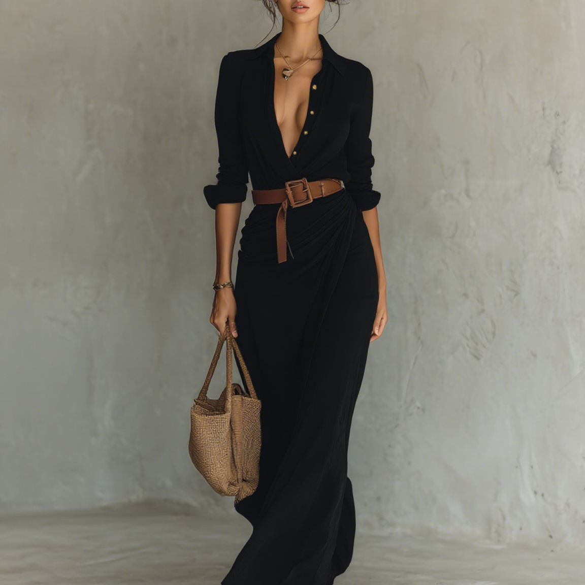 Vestido maxi com gola virada e mangas compridas