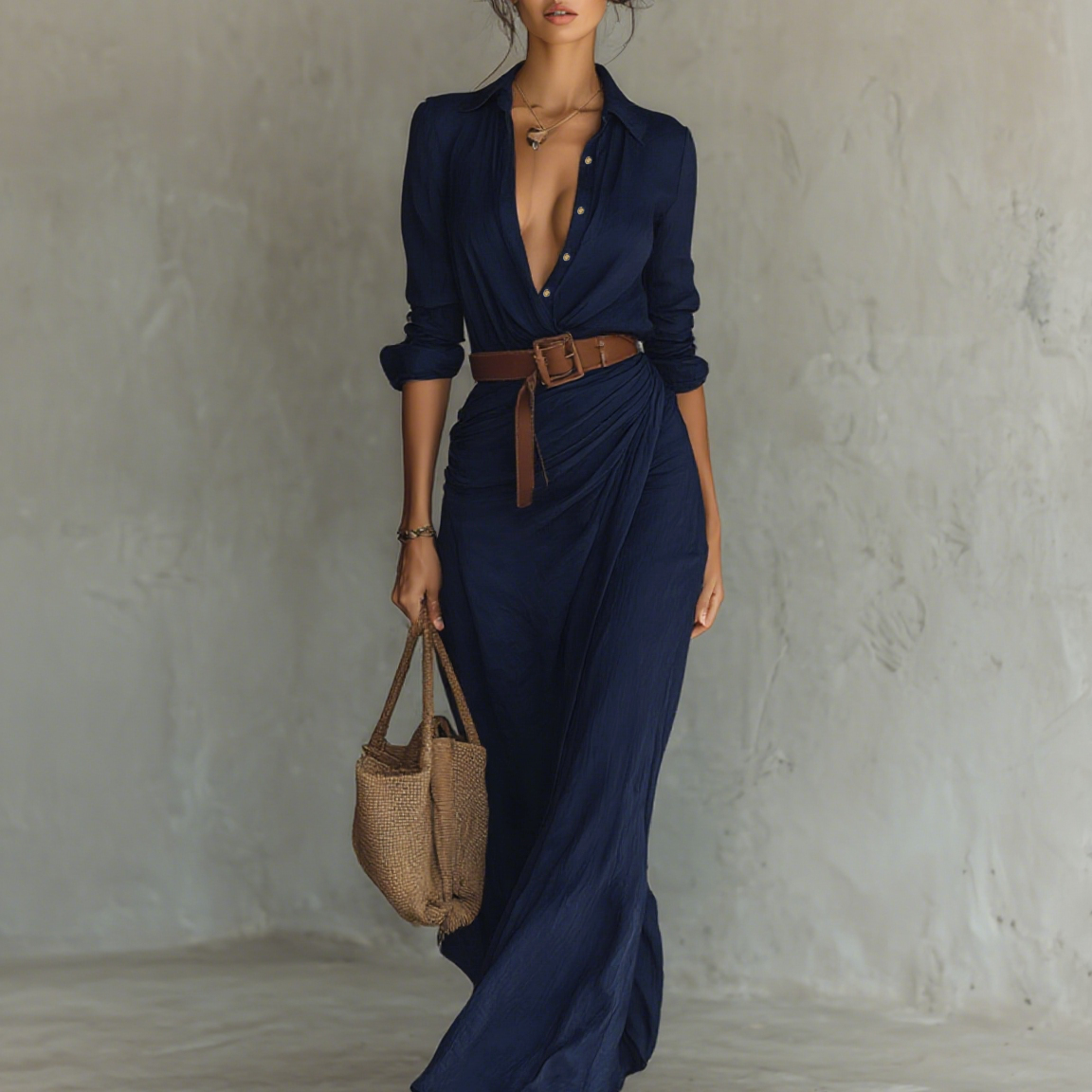 Vestido maxi com gola virada e mangas compridas