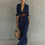 Vestido maxi com gola virada e mangas compridas
