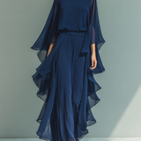 Conjunto de chiffon azul-marinho com folhos