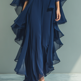 Conjunto de chiffon azul-marinho com folhos