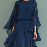 Conjunto de chiffon azul-marinho com folhos
