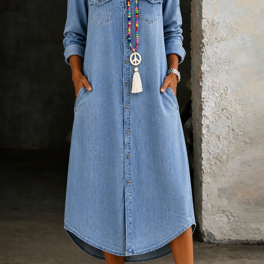 Helen | Vestido Casual Elegante de Camisa Jeans Longa