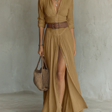 Vestido maxi de linho com gola de lapela e mangas compridas