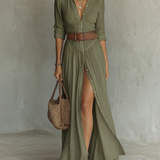 Vestido maxi de linho com gola de lapela e mangas compridas