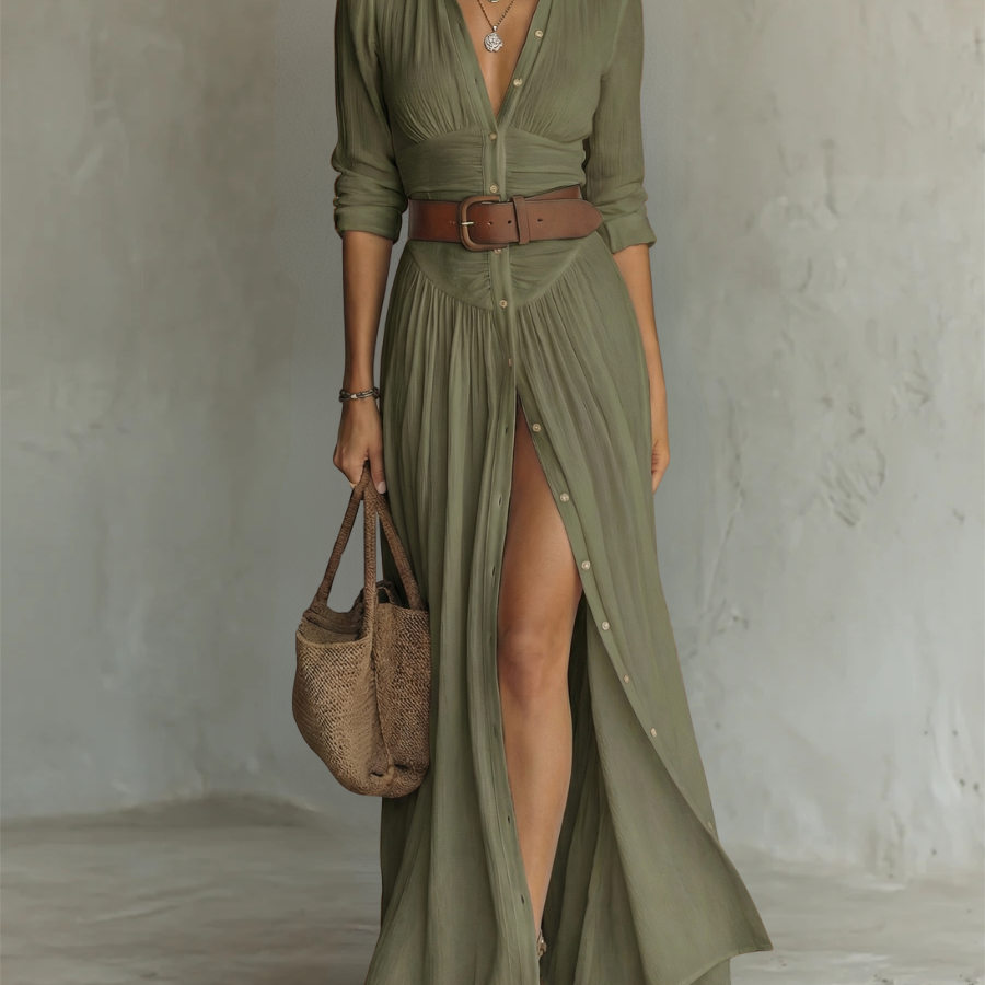 Vestido maxi de linho com gola de lapela e mangas compridas