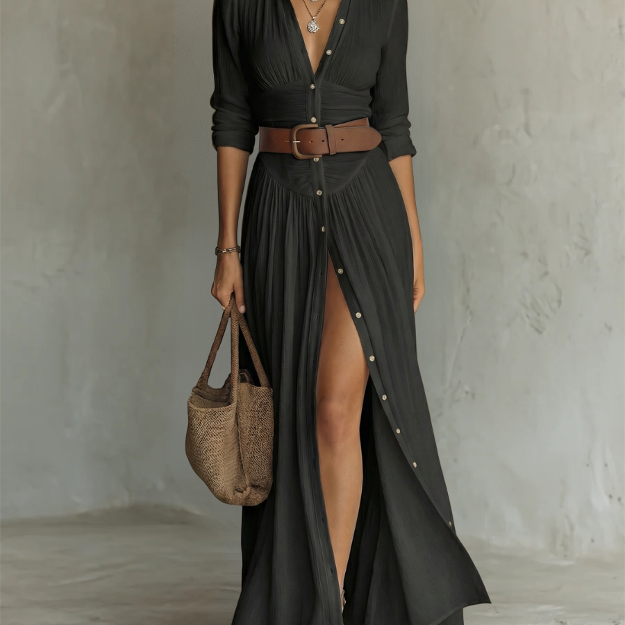 Vestido maxi de linho com gola de lapela e mangas compridas