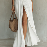 Vestido maxi de linho com gola de lapela e mangas compridas