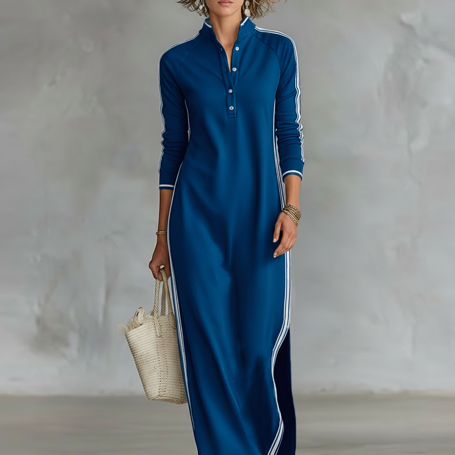 Vestido maxi em malha com gola de botões