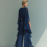 Conjunto de chiffon azul-marinho com folhos