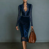 Vestido midi de veludo com decote em V e renda
