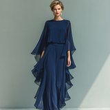 Conjunto de chiffon azul-marinho com folhos