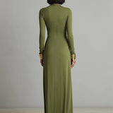 Vestido maxi de seda verde-oliva com decote em V