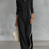 Vestido maxi em malha com gola de botões