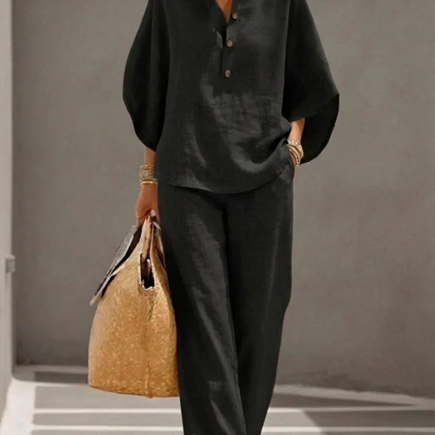 Sophie | Ensemble en lin avec manches chauve-souris et pantalon large
