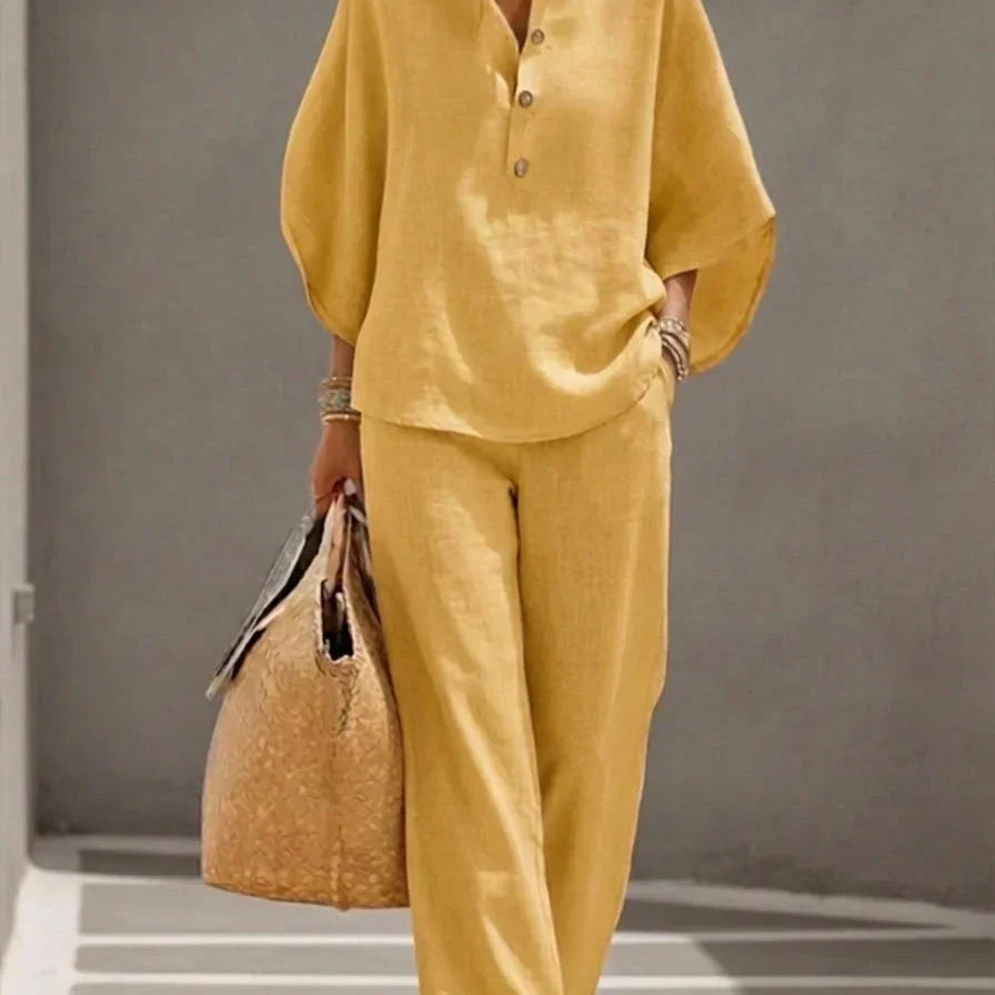 Sophie | Ensemble en lin avec manches chauve-souris et pantalon large
