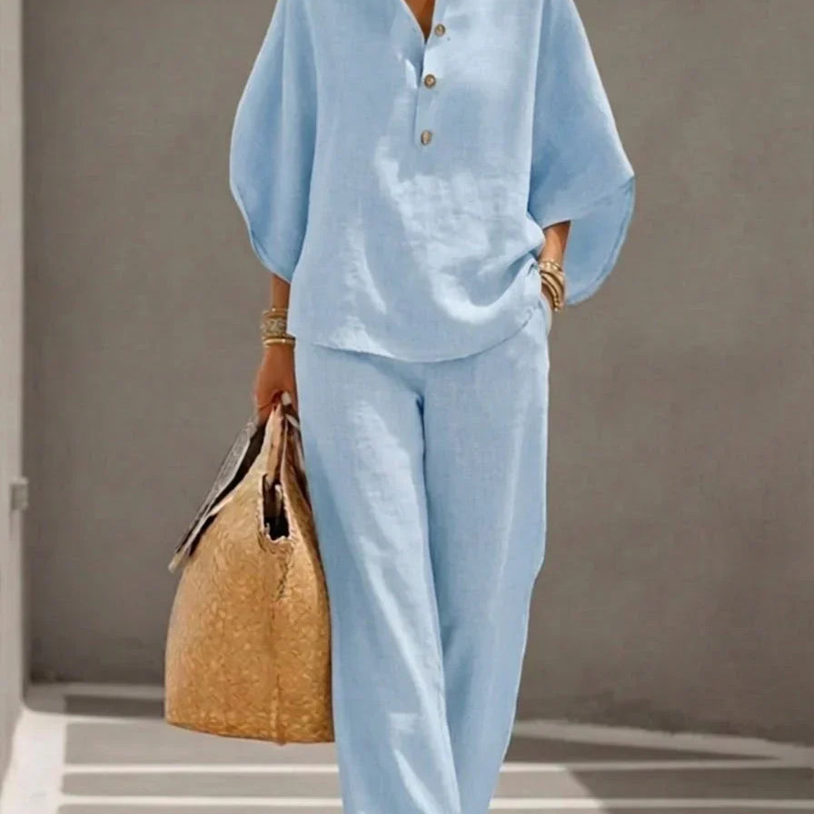 Sophie | Ensemble en lin avec manches chauve-souris et pantalon large