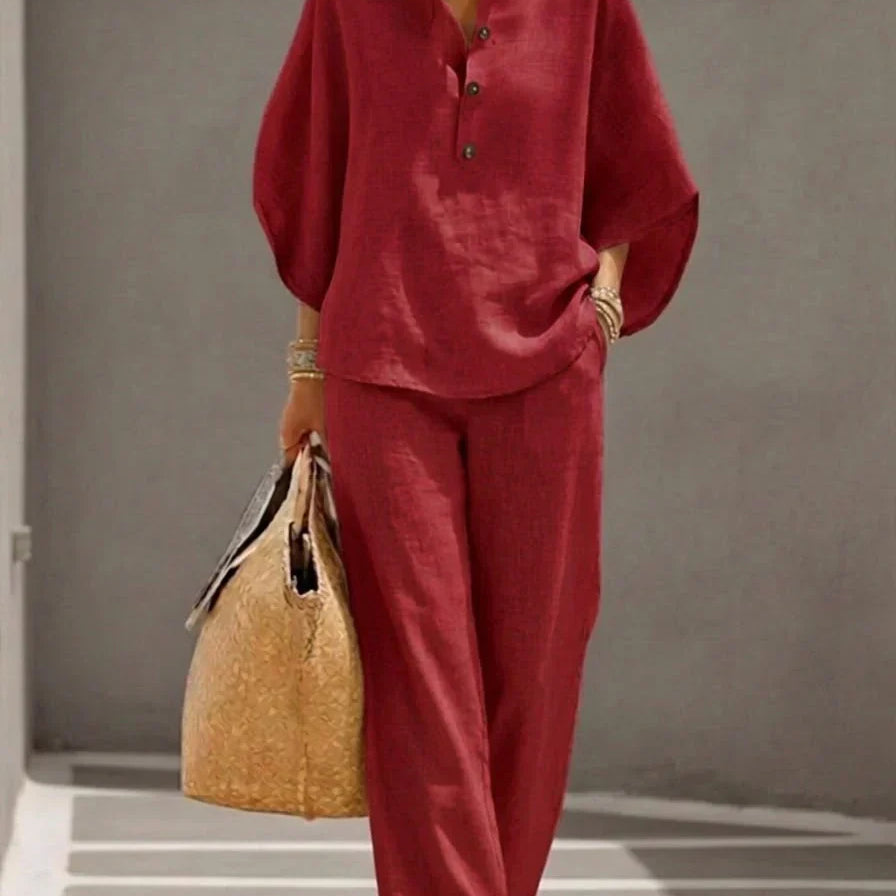 Sophie | Ensemble en lin avec manches chauve-souris et pantalon large