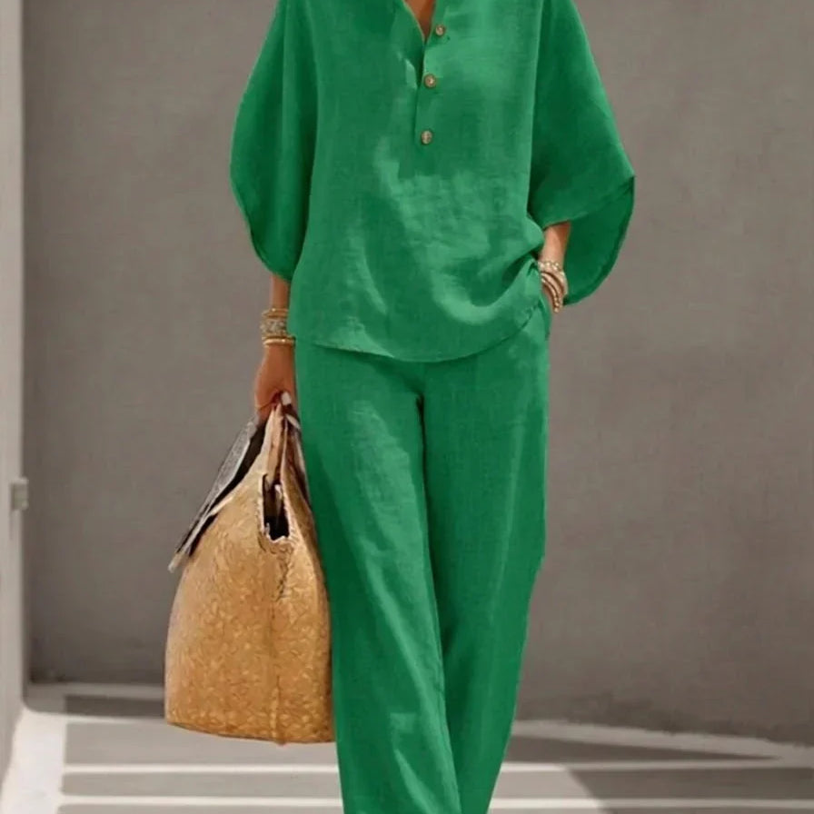 Sophie | Ensemble en lin avec manches chauve-souris et pantalon large